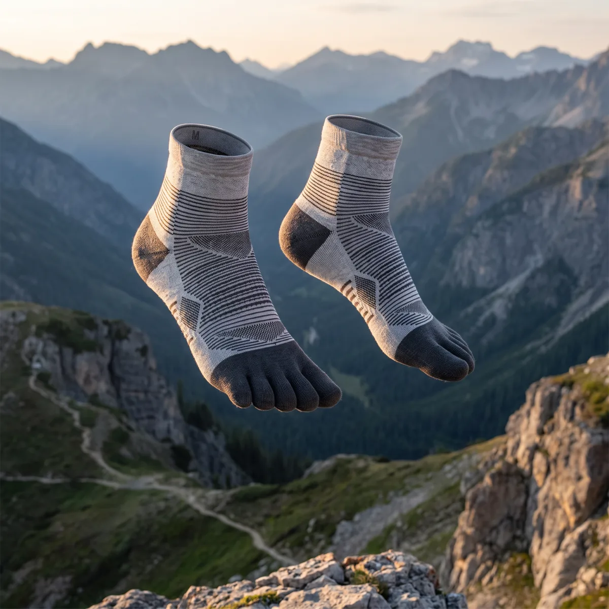Hiker at a trailhead wearing Kintoe toe socks