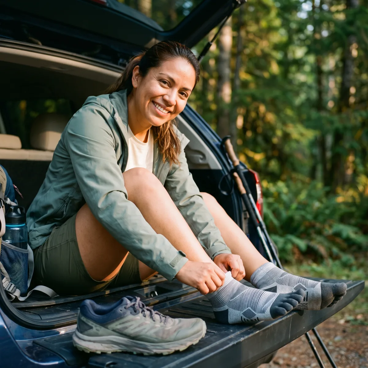Hiker putting on Kintoe toe socks before heading to the trail