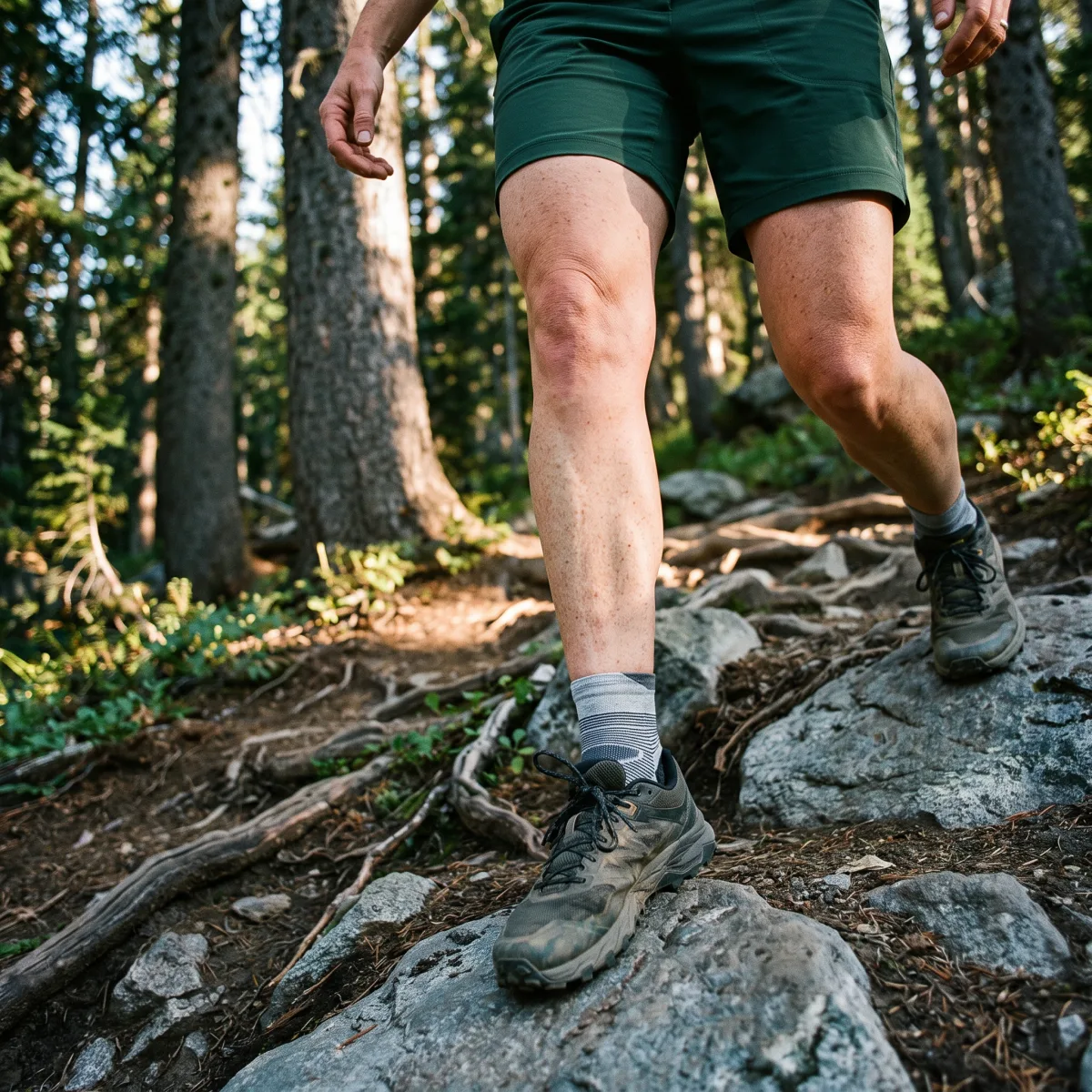 Hiker wearing trail runners and Kintoe toe socks