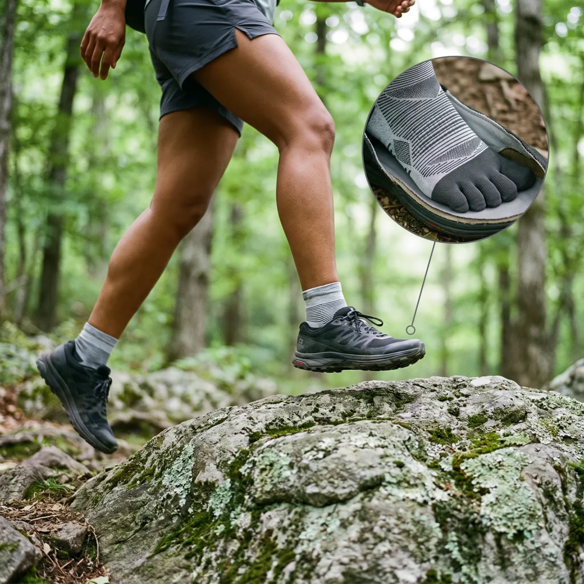 Kintoe toe sleeves staying in position through a hiking stride