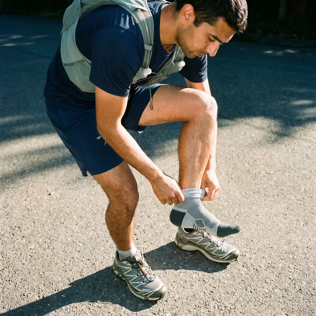 Athlete putting on Kintoe toe socks before heading outdoors