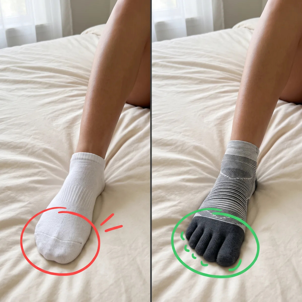 A comparison showing the difference between a regular sock and individual toe sleeves