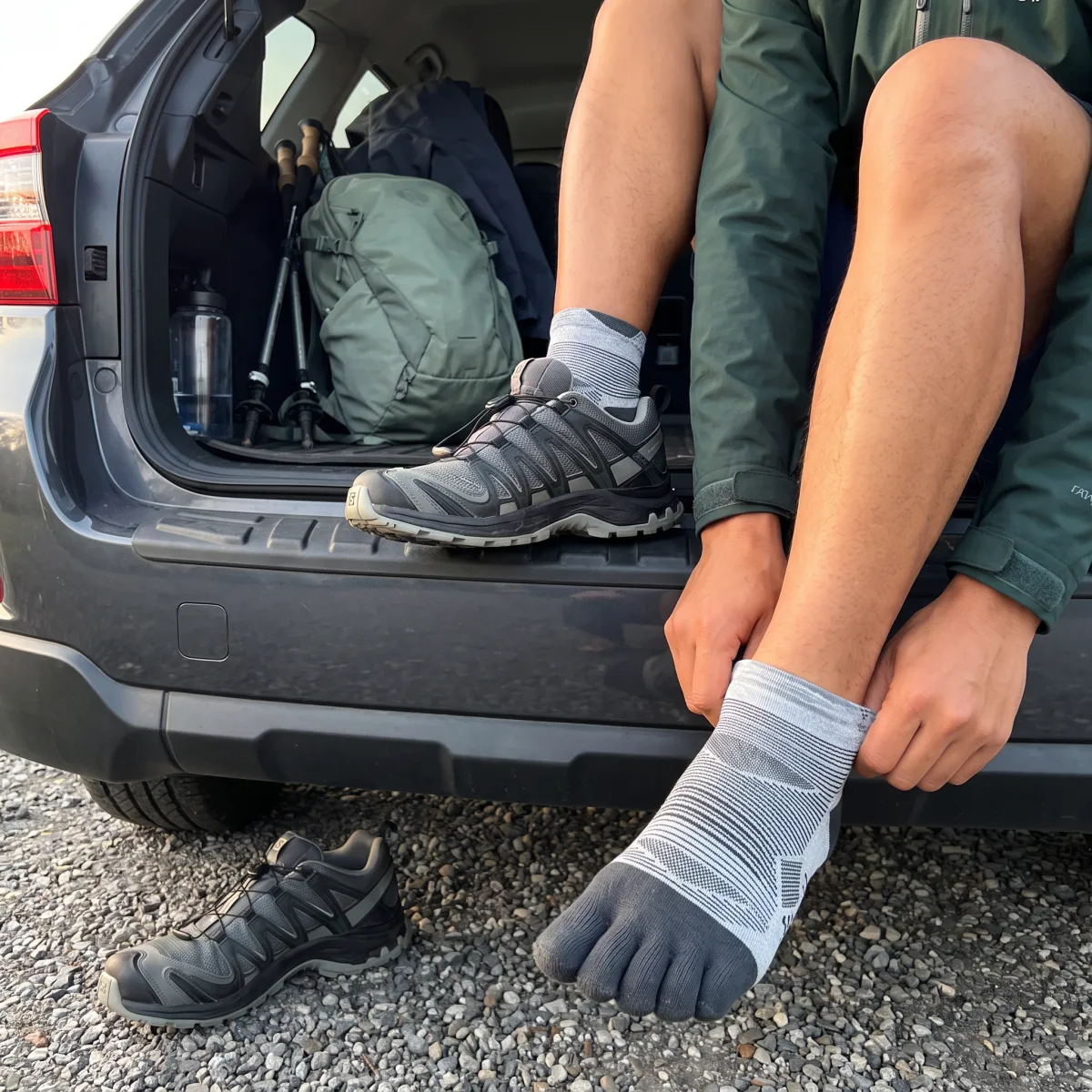 Kintoe toe-sleeve construction moving through a hiking stride